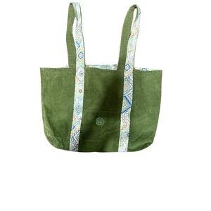 Reversible Green Corduroy Tote Bag with Geometric Print Lining and Straps